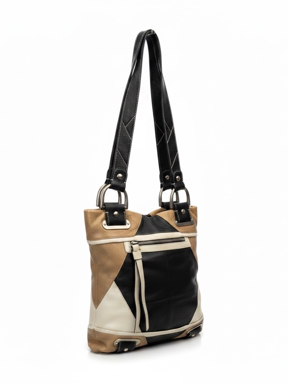 B. Makowsky Colorblock Patchwork Soft Leather Shoulder BagHobo Tricolor Y2K Boho - Picture 4 of 12